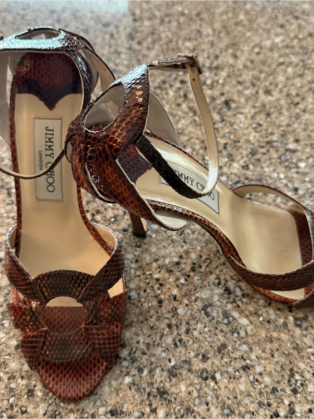 Jimmy Choo Brown Snakeskin Strappy Ankle-Heel Sandals